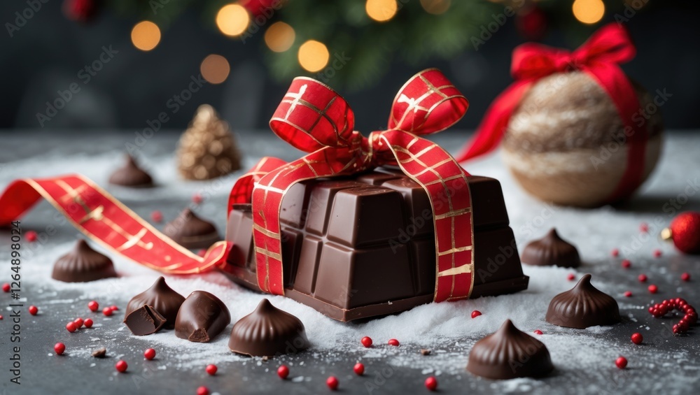 Poster chocolate gift box with red ribbon surrounded by chocolate candies and festive decorations on a tabl