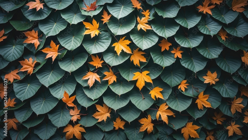 Poster autumn leaves on green foliage creating a textured background with vibrant orange and deep green hue
