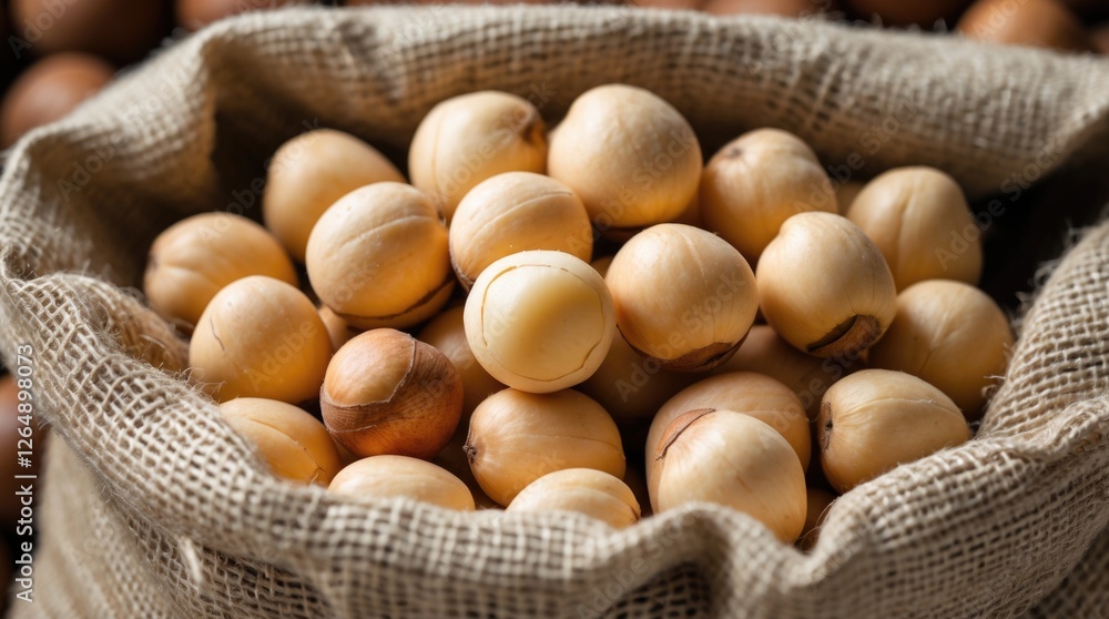 Poster bag of raw unroasted hazelnuts placed on a wooden surface with a blurred background of more hazelnut
