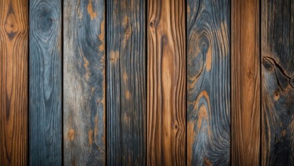 Horizontal arrangement of weathered wooden planks in shades of brown and blue with a textured surface and natural grain patterns Copy Space
