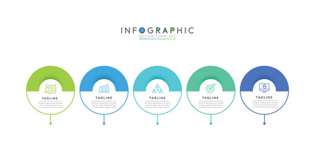 5 Steps Circle Process Infographic each step is contained within a complete circle or ring. This reinforces the idea of cycle and provides a clear visual structure. Modern infographic design template