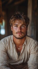 Obraz premium Serene Beach Portrait of Thoughtful Mature Man in Linen Shirt