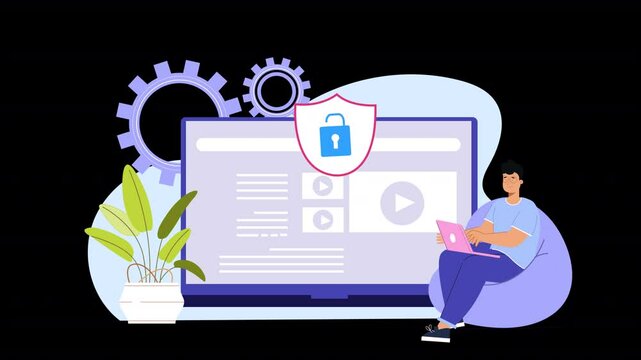 Highlight cybersecurity with locks, shields, and secure data flows in a minimalistic flat vector design.