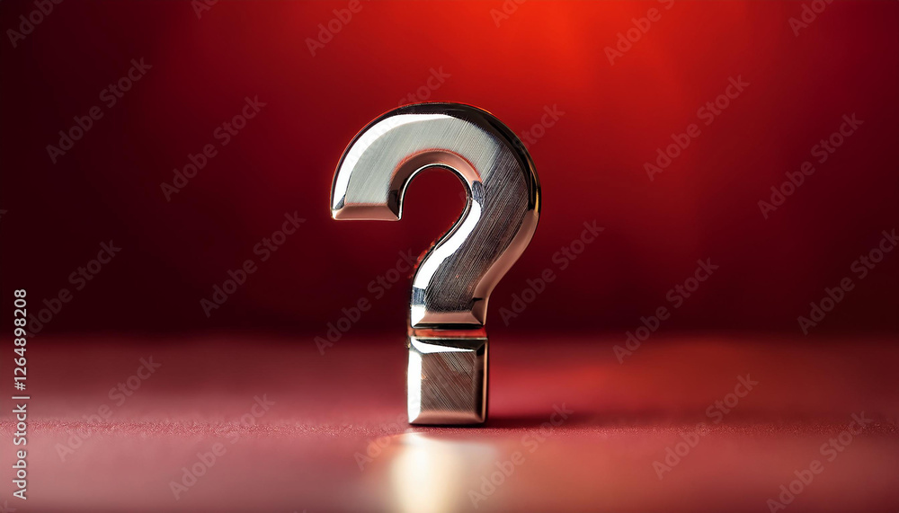 Poster shiny silver or chrome question mark on red background. faq and qa. problem solution.