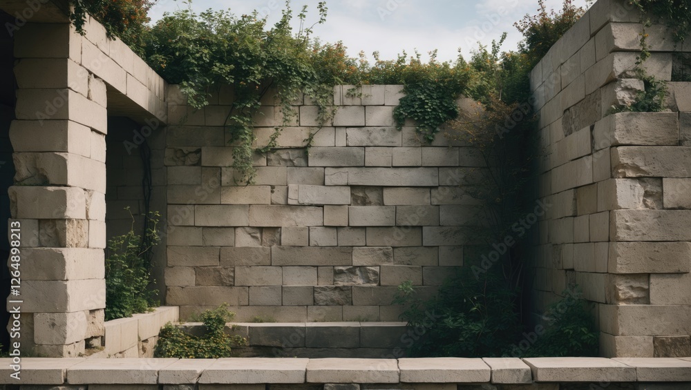 Poster abstract architectural composition of stone walls with greenery texture and natural light, suitable 