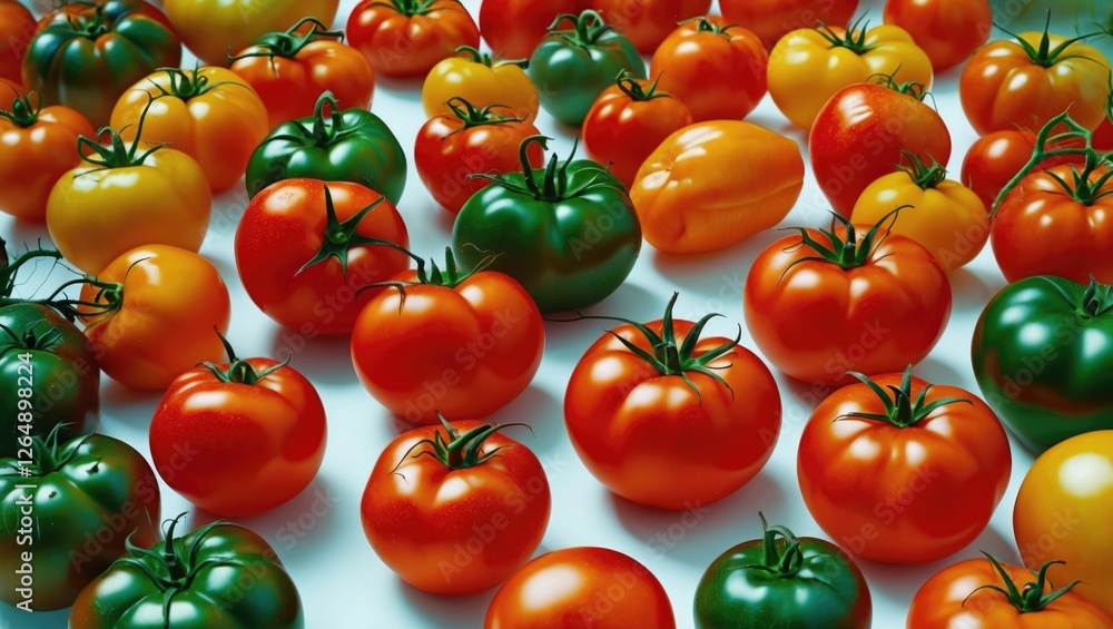 Poster Fresh assortment of tomatoes in various colors and sizes scattered on a flat surface with vivid details and textures Copy Space
