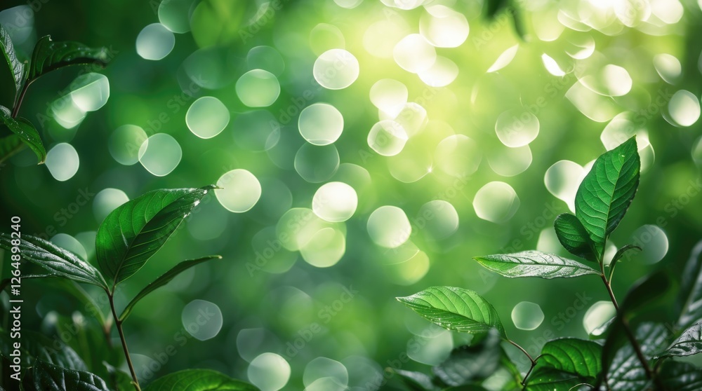 Poster green natural bokeh background with fresh leaves in the foreground creating a serene atmosphere with