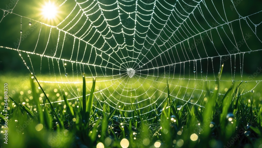 Poster Close-up of a dewy spider web on grass with sunlight shining through creating a natural background with bokeh effect and copy space