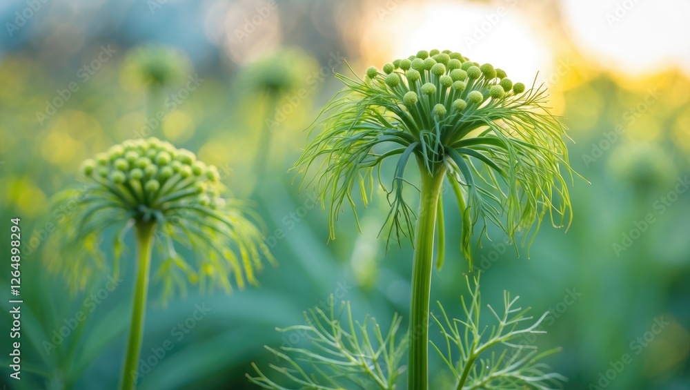 Aufkleber close-up view of green umbel flowers with soft background bokeh and natural light in a garden settin
