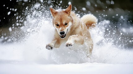 Siberian Husky jumping and running in the snow in a winter field, Generative AI,
