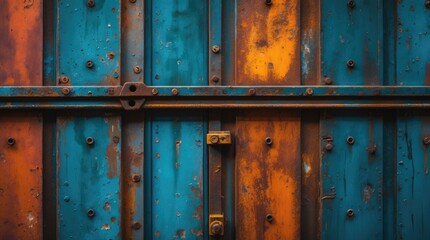 Rusty metal surface with blue and orange paint peeling, industrial texture, distressed background with bolts, Copy Space