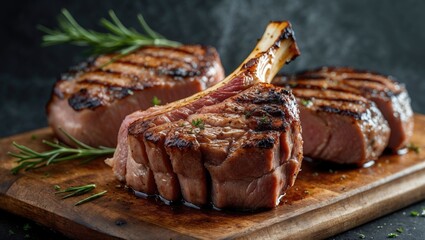 Grilled meat steaks on wooden cutting board with fresh rosemary garnish and dark background Copy Space