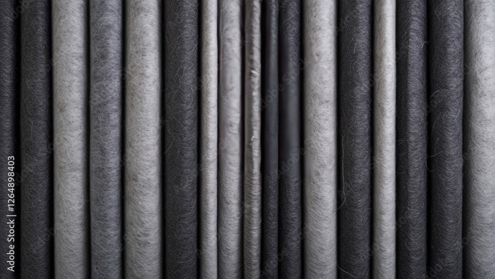 Poster textured fabric rolls in various shades of gray lined up vertically against a neutral background wit