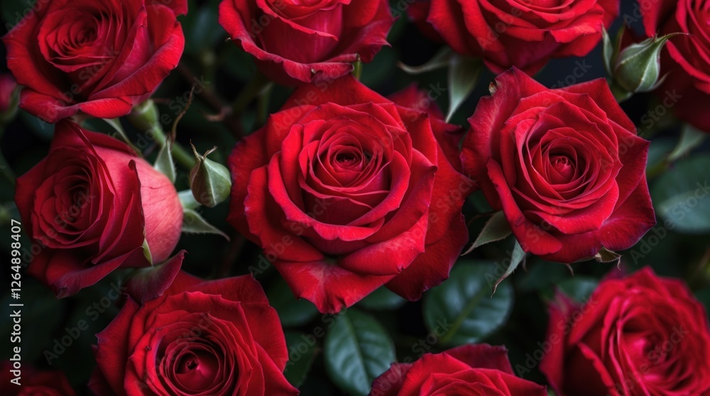 Poster Close-up of vibrant red roses arranged with green leaves on a dark background suitable for various design projects Copy Space