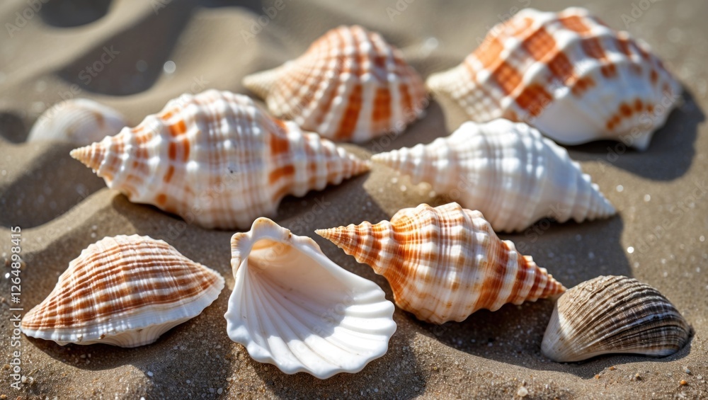 Aufkleber collection of various seashells displayed on sandy beach surface with soft sunlight highlighting the