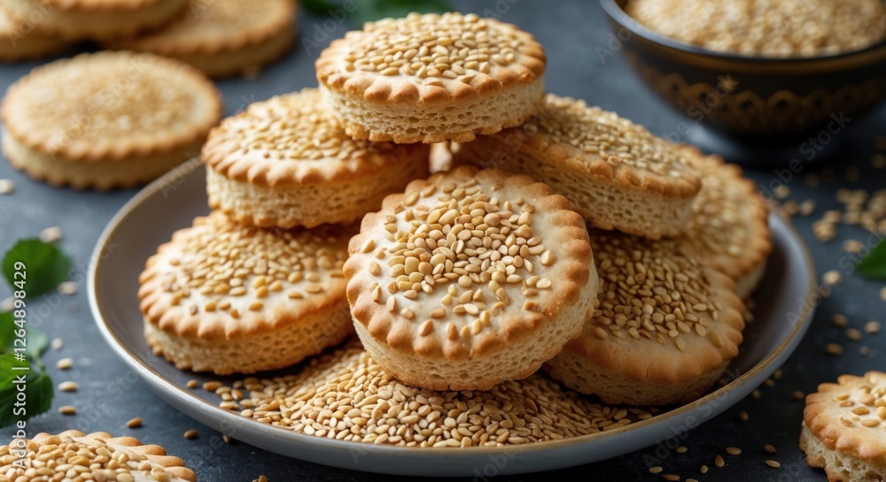 Poster Sesame seed cookies stacked on a plate with additional cookies and seeds in the background on a textured surface Copy Space
