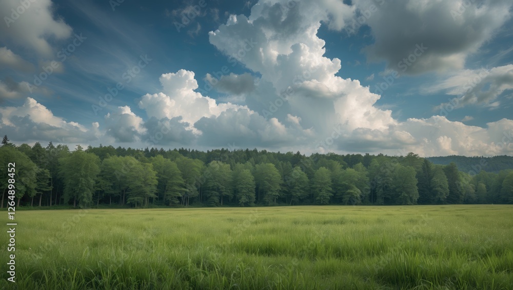 Poster lush green meadow under a dramatic sky with towering clouds and a dense tree line in the background 