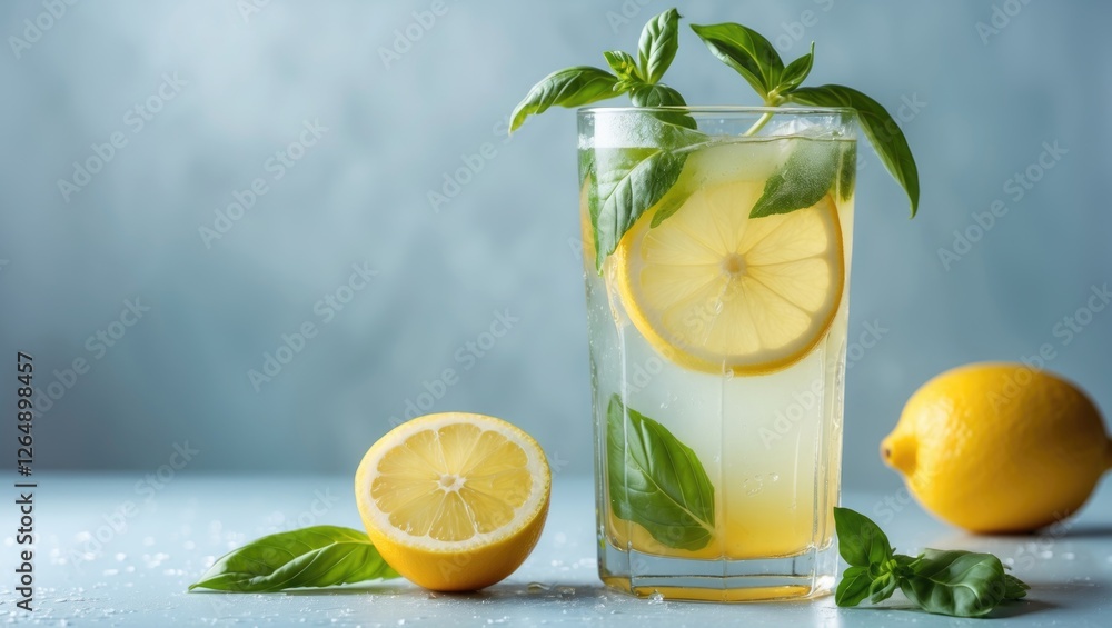 Poster refreshing lemon basil drink served in a tall glass with fresh basil and lemon slices on a blue back