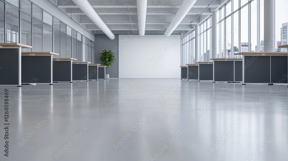 Poster modern, minimalist office space with large windows and clean design for corporate environment and me