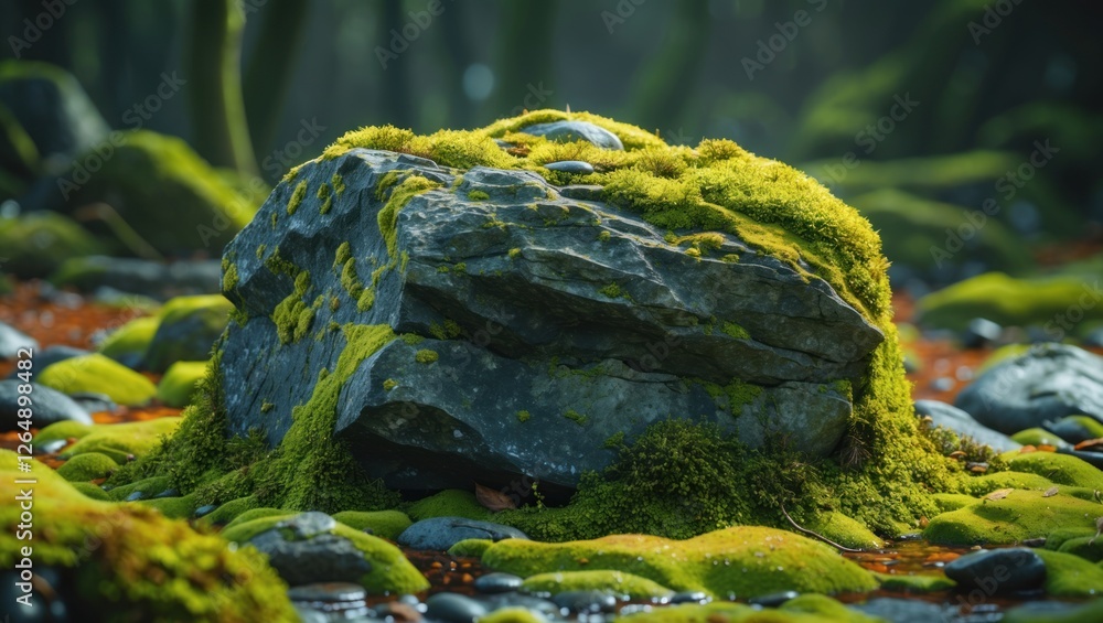 Poster moss covered rock surrounded by small pebbles in a tranquil natural environment with soft lighting c