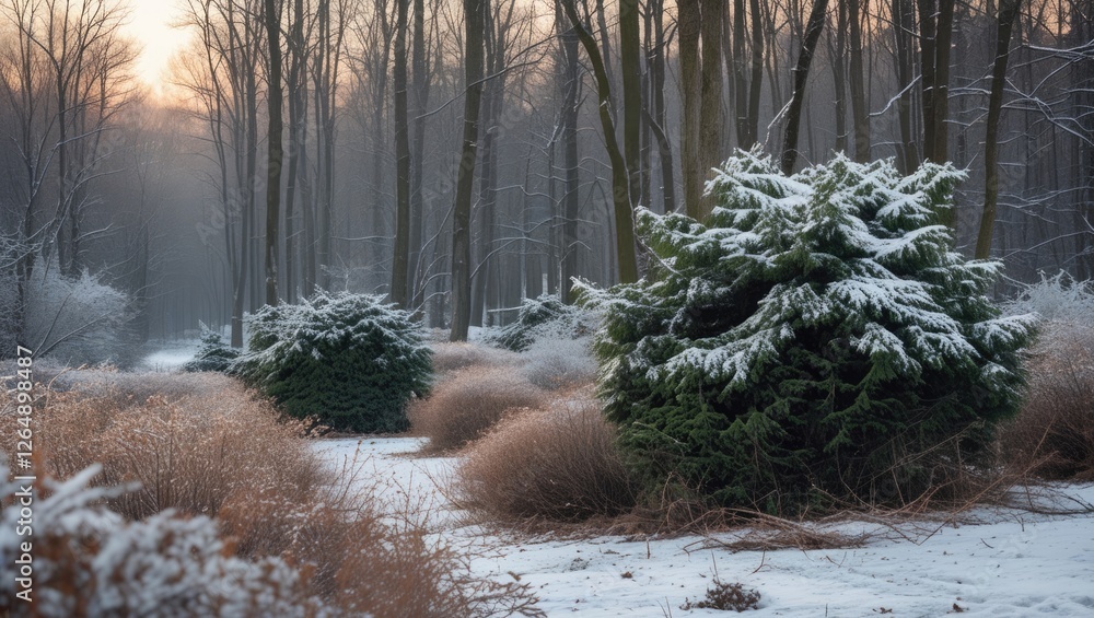 Poster snow-covered evergreen shrubs in a winter forest landscape with bare trees and a soft sunrise glow, 