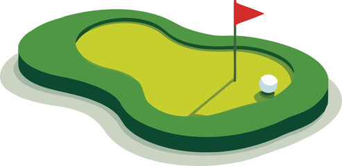 Isometric Golf Course Illustration with Flag and Golf Ball