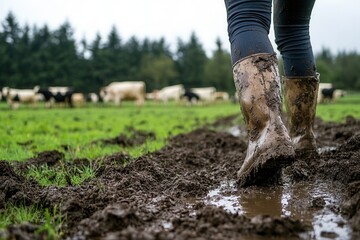 Person walking through mud on a farm.