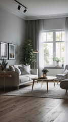 Simple and elegant Scandinavian living room with neutral gray couch and minimalist decor creating a serene and inviting home environment Modern Interior Design Inspiration