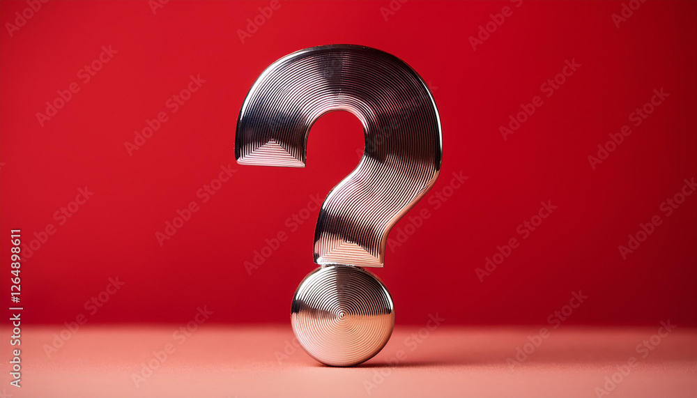 Poster shiny silver or chrome question mark on red background. faq and qa. problem solution.