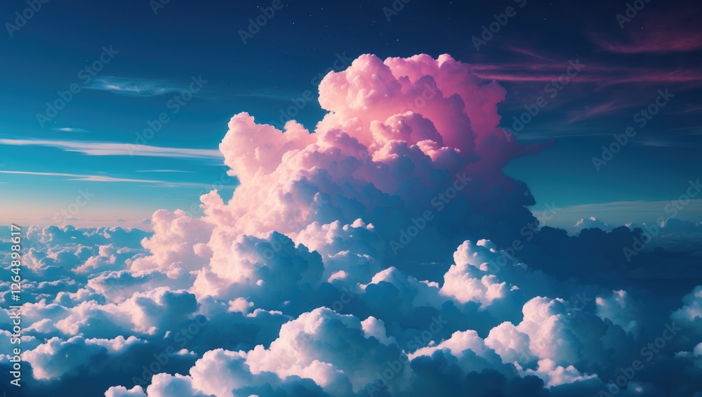 Poster colorful cloud formations in a blue sky with soft pink hues visible against the backdrop of vast clo