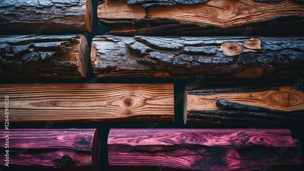Poster Textured wooden logs in various colors and patterns arranged horizontally with dark background and ample copy space for text