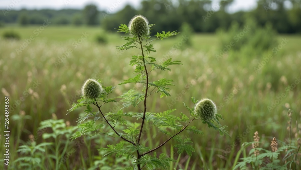 Poster green plant with spiky seed pods in a grassy field under natural light with a blurred background and