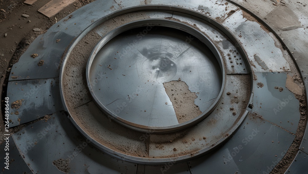 Poster close-up view of circular metallic surface with dirt and scratches showcasing an industrial, aged te