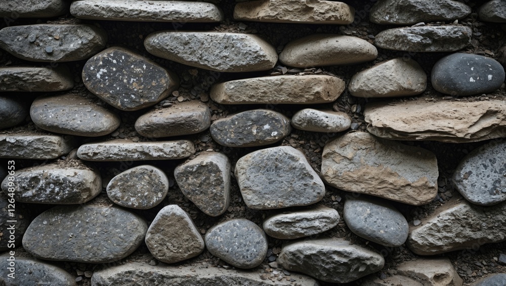 Poster textured stone wall background with various shapes and sizes of rocks, ideal for architectural and n