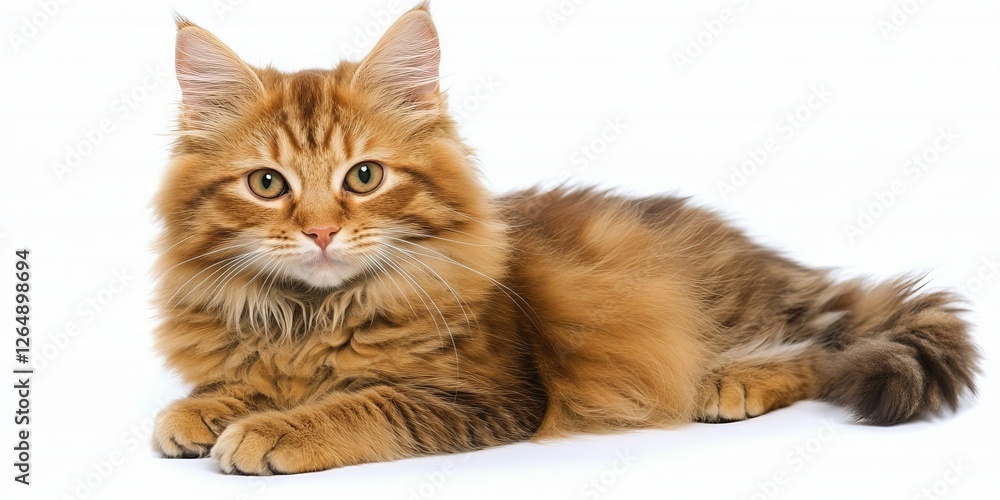 Poster adorable red tabby cat in studio setting. isolated on white background with copy space.