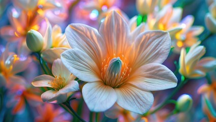 Fototapeta premium Close-up of delicate white and peach flowers with soft petals and vibrant colors on a blurred floral background with Copy Space
