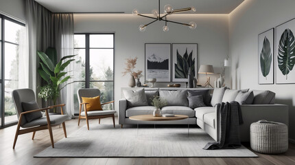 Fototapeta premium Simple yet stylish Scandinavian living room with neutral gray couch designed to provide a minimalist and functional space Modern Interior Design Inspiration