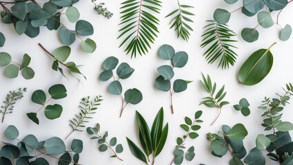 Variety of green leaves and plants arranged on white background with copy space for text or design elements