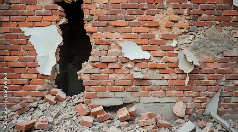 Poster damaged brick wall with loose bricks and debris scattered on the floor showcasing a partially expose