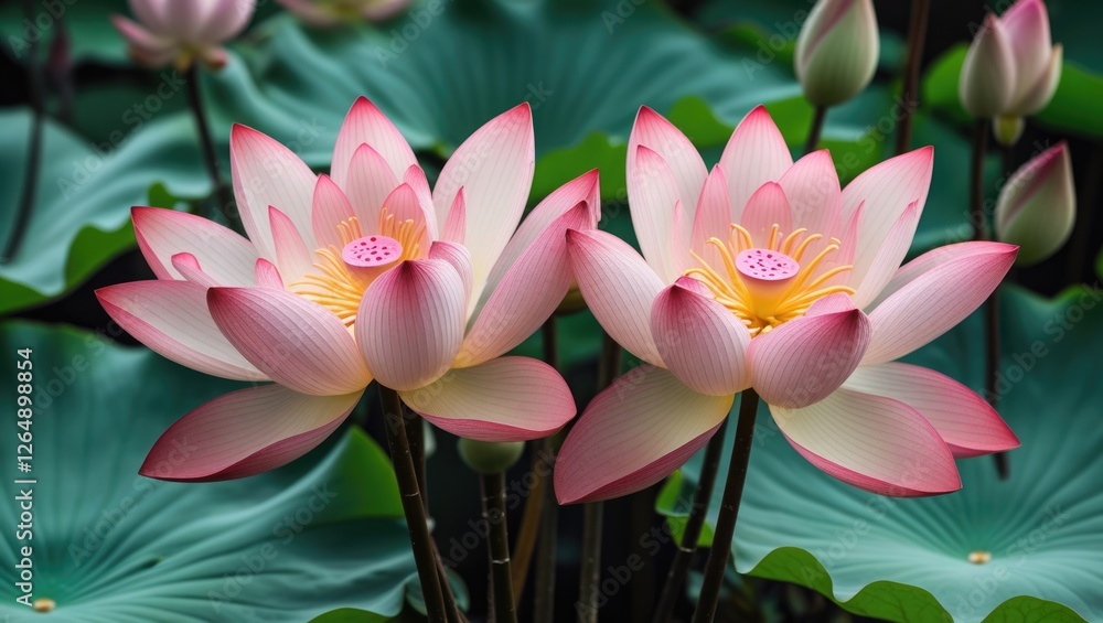 Poster lotus flowers in full bloom surrounded by green leaves in a tranquil pond setting with soft natural 