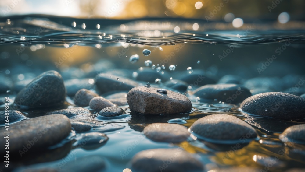 Poster underwater view of smooth pebbles with air bubbles and sunlight reflections on the water surface cop