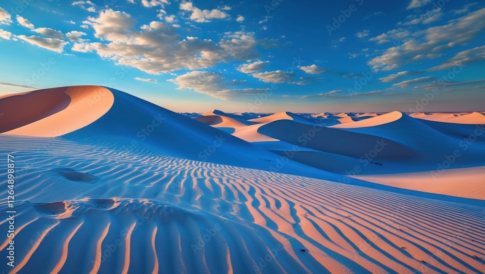 Poster desert sand dunes with blue sky and clouds at sunset showcasing textured patterns and warm light cop