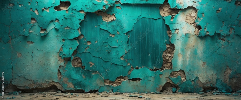 Poster peeling teal paint on cracked wall with exposed texture and rough surface details suitable for backg