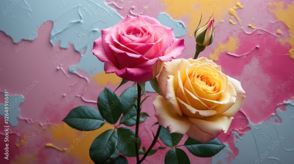 Poster two vibrant roses in pink and yellow colors against a colorful abstract background with ample copy s