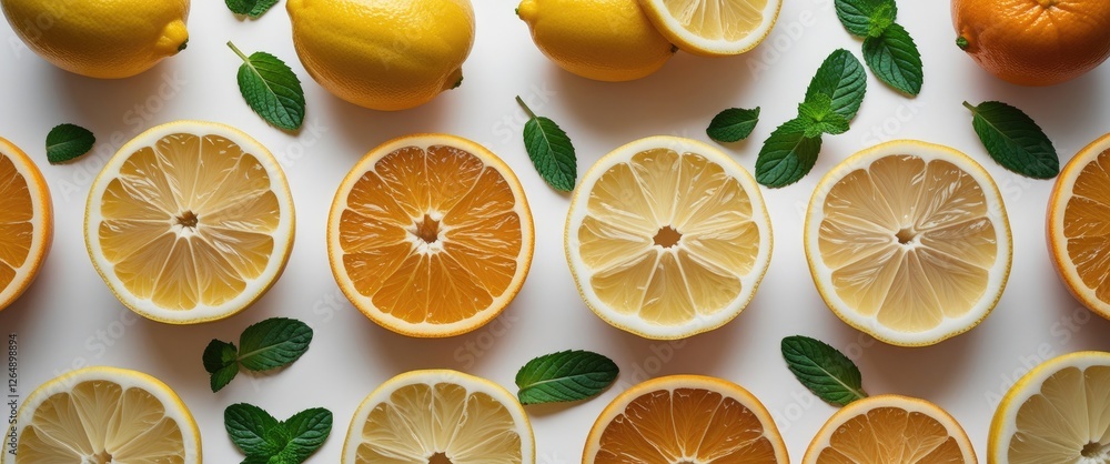 Poster Sliced lemons and oranges arranged in rows with fresh mint leaves on a light background Copy Space