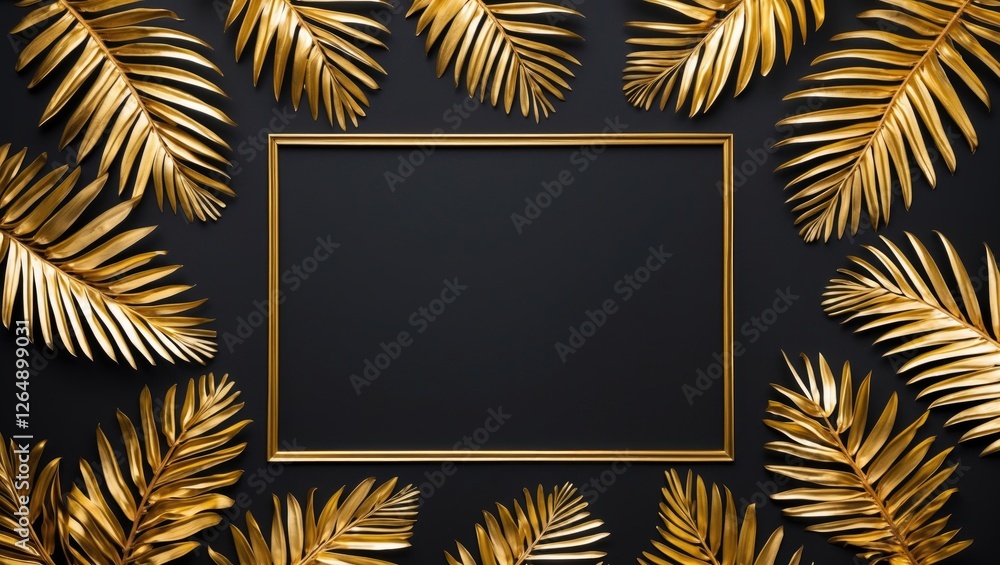 Poster gold palm leaves arranged around a blank black frame on a dark background with ample space for text 