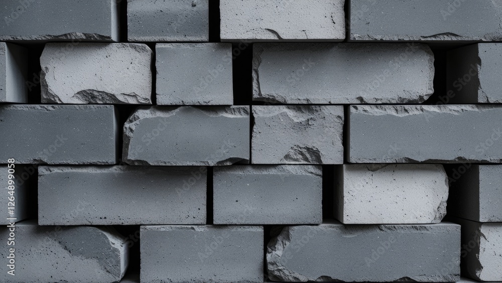 Poster Close-up view of grey concrete bricks with rough textures arranged in a wall pattern suitable for industrial or construction backgrounds Copy Space
