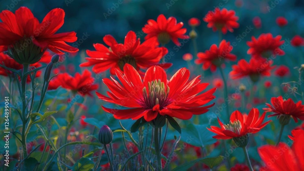 Poster vibrant red flowers in a lush garden setting with soft focus background and natural lighting, ideal 
