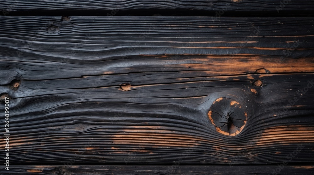 Poster Black charred wood texture with detailed grain patterns and knots suitable for backgrounds or design elements. Copy Space