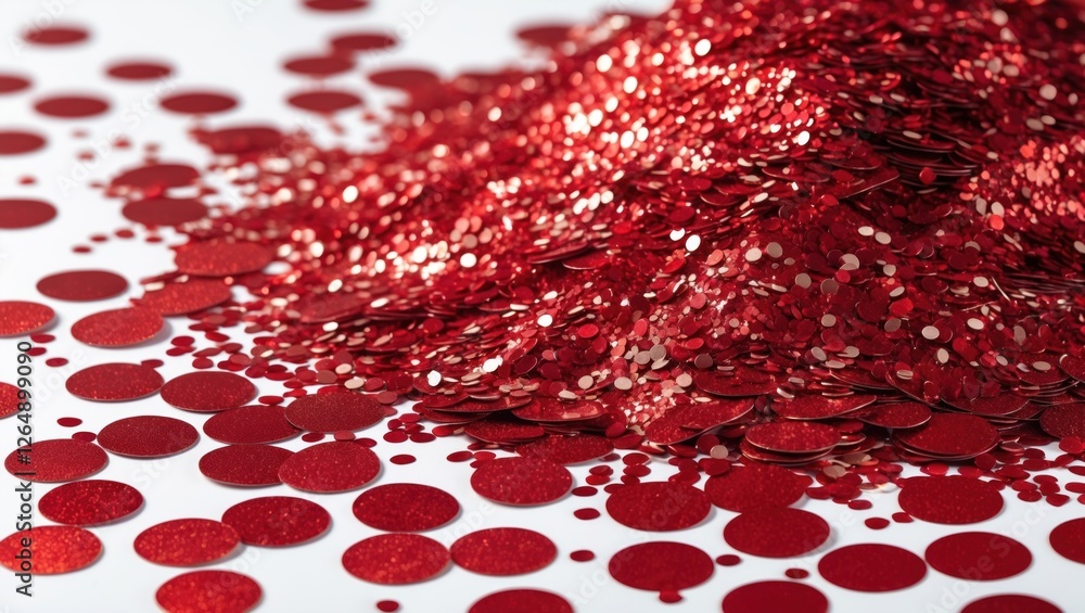 Leinwandbilder Red glitter sequins scattered on white background with a pile in center and various sizes creating texture and depth. Copy Space.